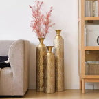 NAYSAYE 3-Piece Metal Decorative Vases, Distressed Vine Pattern Design for Stylish Home Decor Centerpieces, Antique Gold, 21.02*7.99*35.98