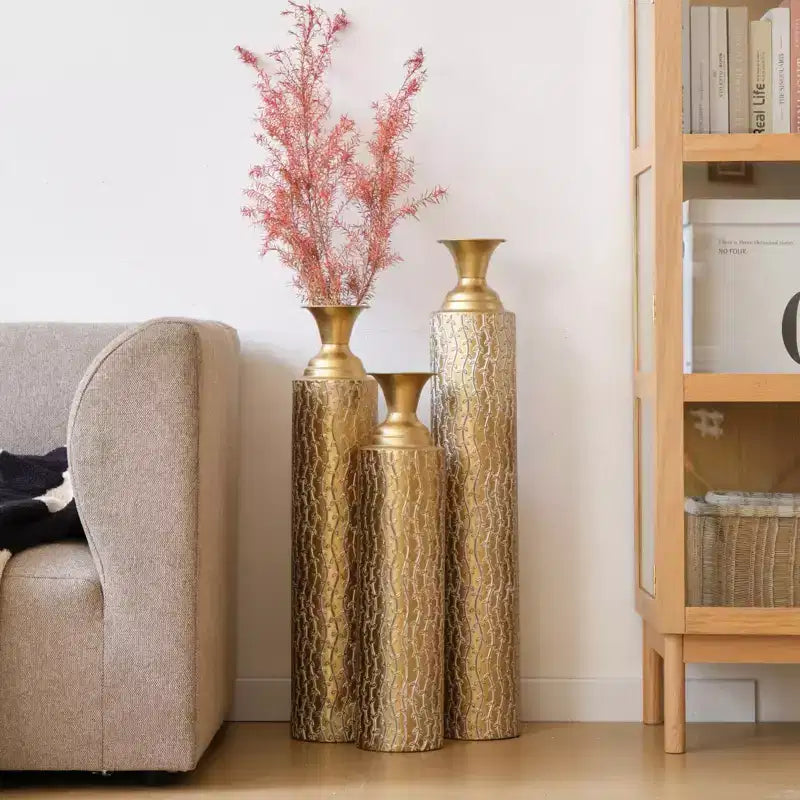NAYSAYE 3-Piece Metal Decorative Vases, Distressed Vine Pattern Design for Stylish Home Decor Centerpieces, Antique Gold, 21.02*7.99*35.98