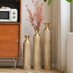 NAYSAYE 3-Piece Metal Decorative Vases, Distressed Vine Pattern Design for Stylish Home Decor Centerpieces, Antique Gold, 21.02*7.99*35.98