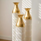 NAYSAYE Set of 3 Large Glazed Floor Vases, Sophisticated Metallic Finish for Modern Home Decor & Stunning Interior Accents, White PU, 20.68*6*35.89