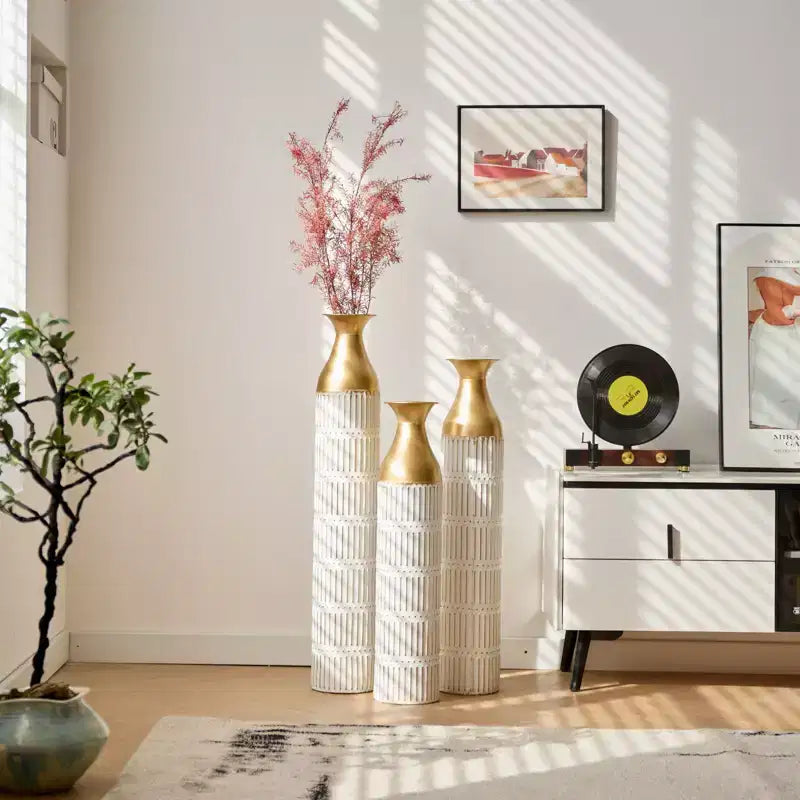 NAYSAYE Set of 3 Large Glazed Floor Vases, Sophisticated Metallic Finish for Modern Home Decor & Stunning Interior Accents, White PU, 20.68*6*35.89