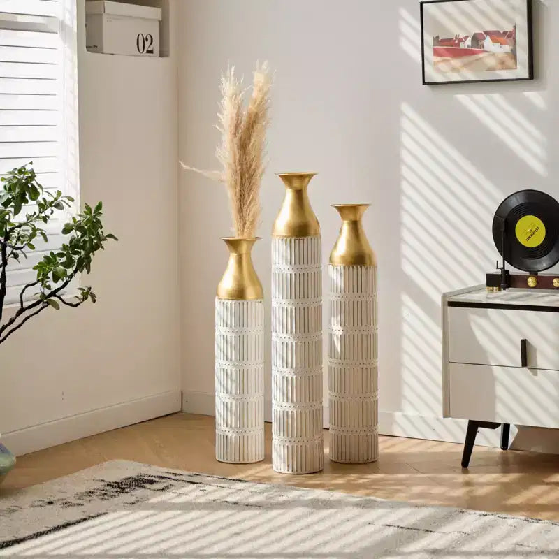 NAYSAYE Set of 3 Large Glazed Floor Vases, Sophisticated Metallic Finish for Modern Home Decor & Stunning Interior Accents, White PU, 20.68*6*35.89
