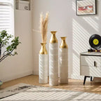 NAYSAYE Set of 3 Large Glazed Floor Vases, Sophisticated Metallic Finish for Modern Home Decor & Stunning Interior Accents, White PU, 20.68*6*35.89
