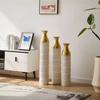 NAYSAYE Set of 3 Large Glazed Floor Vases, Sophisticated Metallic Finish for Modern Home Decor & Stunning Interior Accents, White PU, 20.68*6*35.89