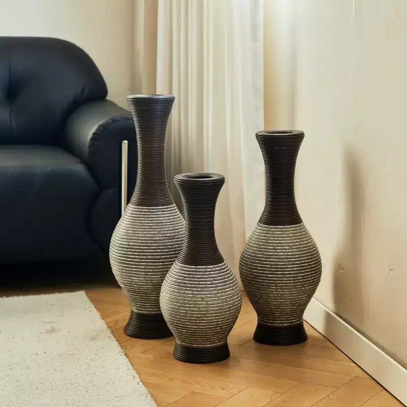 NAYSAYE Set of 3 Handcrafted Woven Floor Vases, Elegant Desktop & Standing Decor for Classic Modern Home Styling, Brown white, 22.16*10.51*29.86