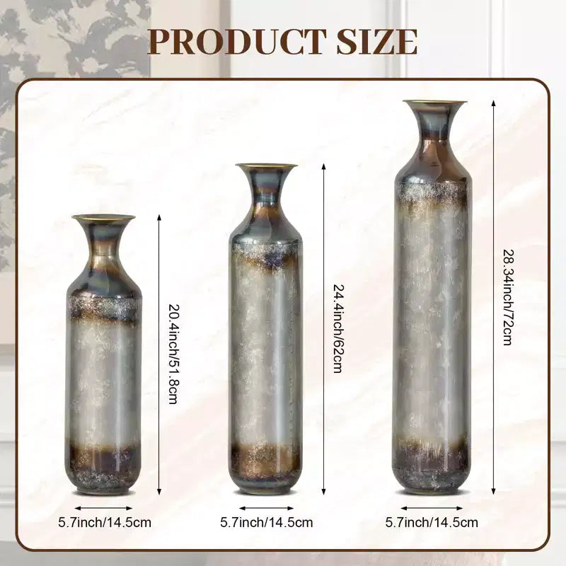 NAYSAYE 3-Piece Droplet Shaped Metal Floor Vases, Modern Glazed Decorative Vases For Elegant Home Decor, Gold and White, 21.25*7.8*30.9