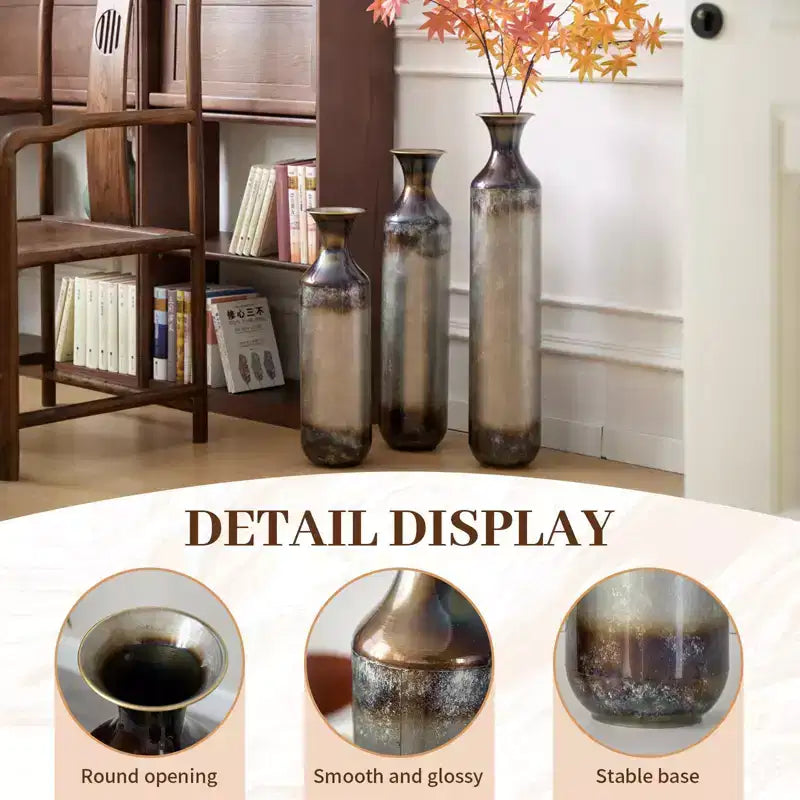 NAYSAYE 3-Piece Droplet Shaped Metal Floor Vases, Modern Glazed Decorative Vases For Elegant Home Decor, Gold and White, 21.25*7.8*30.9