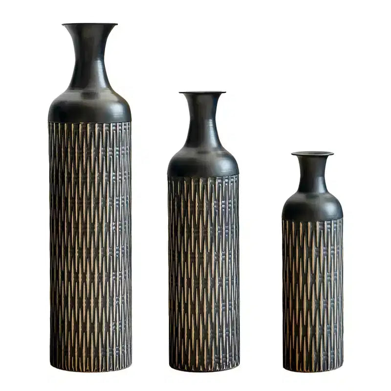 NAYSAYE Decorative Metal Vases Set of 3, Tall Floor Vases with Textured Pattern for Modern Home Living Room Decor, Black, 36.2*9.64*9.64