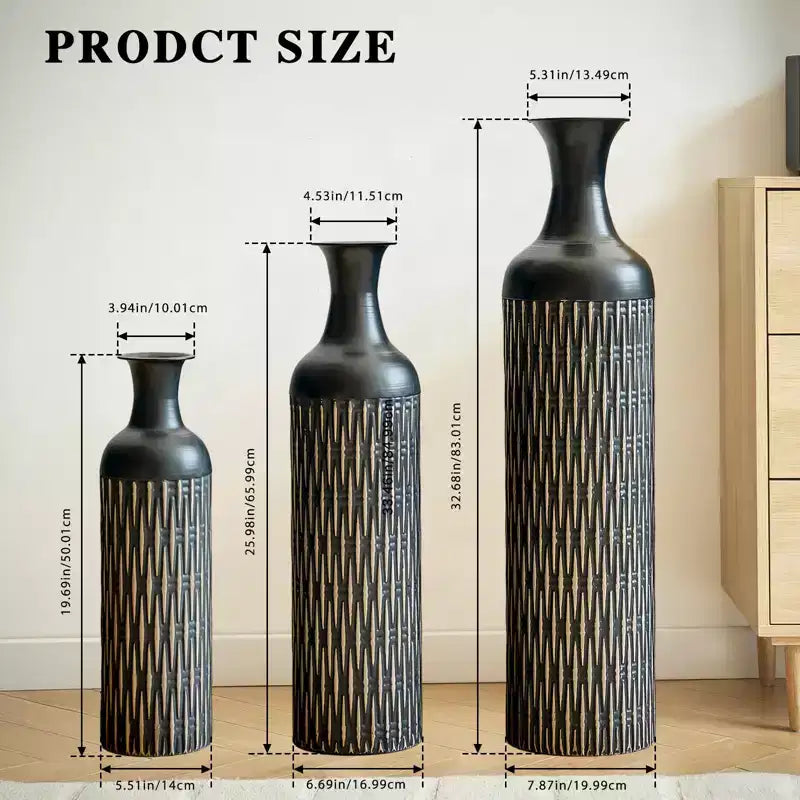 NAYSAYE Decorative Metal Vases Set of 3, Tall Floor Vases with Textured Pattern for Modern Home Living Room Decor, Black, 36.2*9.64*9.64
