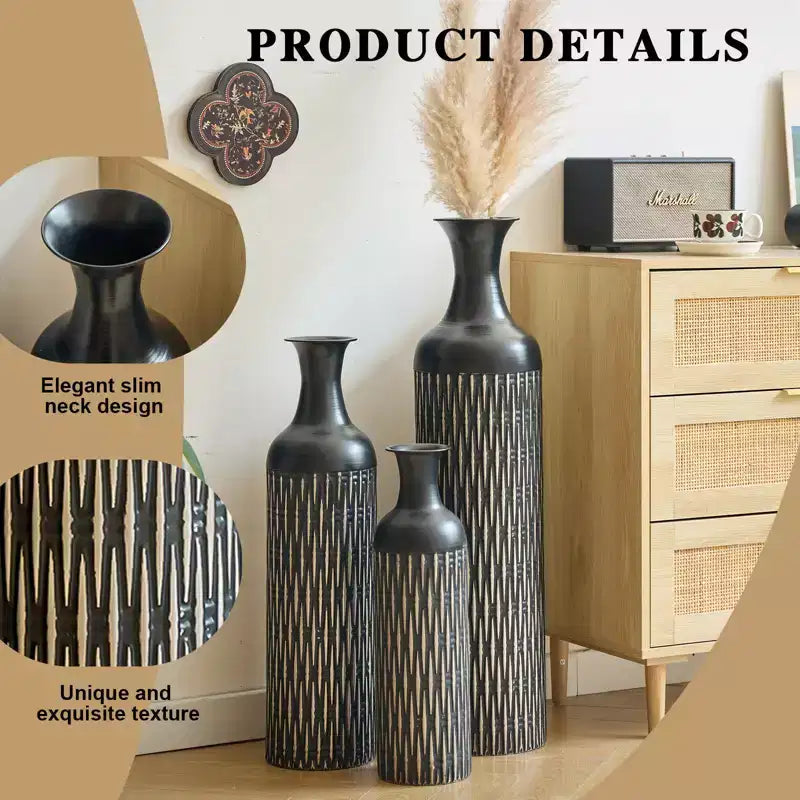 NAYSAYE Decorative Metal Vases Set of 3, Tall Floor Vases with Textured Pattern for Modern Home Living Room Decor, Black, 36.2*9.64*9.64