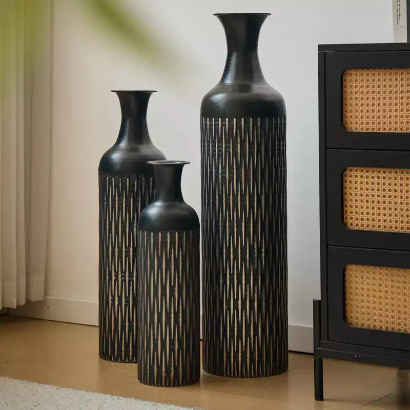 NAYSAYE Decorative Metal Vases Set of 3, Tall Floor Vases with Textured Pattern for Modern Home Living Room Decor, Black, 36.2*9.64*9.64