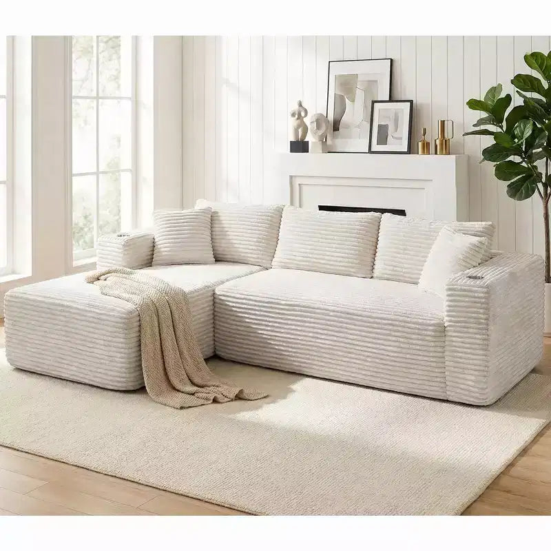 Celebalcony 103 Boneless Modular Sectional Sofa, L-Shaped Chaise with 2 Cup Holders, Plush Corduroy Cloud Couches for Living Room, No Assembly
