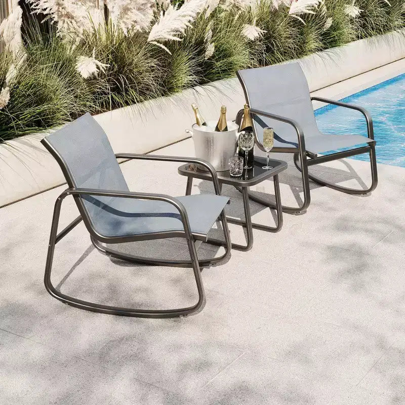 3-Piece Outdoor Rocking Bistro Set, Patio Furniture w/ 2 Breathable Textilene Chairs & Coffee Table for Small Balcony, Deck & Poolside