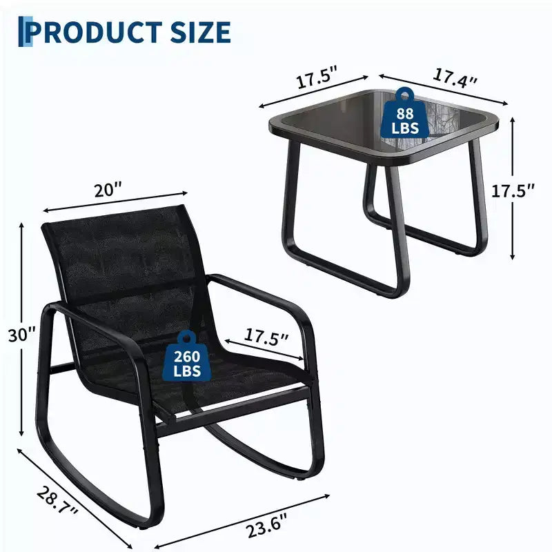 3-Piece Outdoor Rocking Bistro Set, Patio Furniture w/ 2 Breathable Textilene Chairs & Coffee Table for Small Balcony, Deck & Poolside