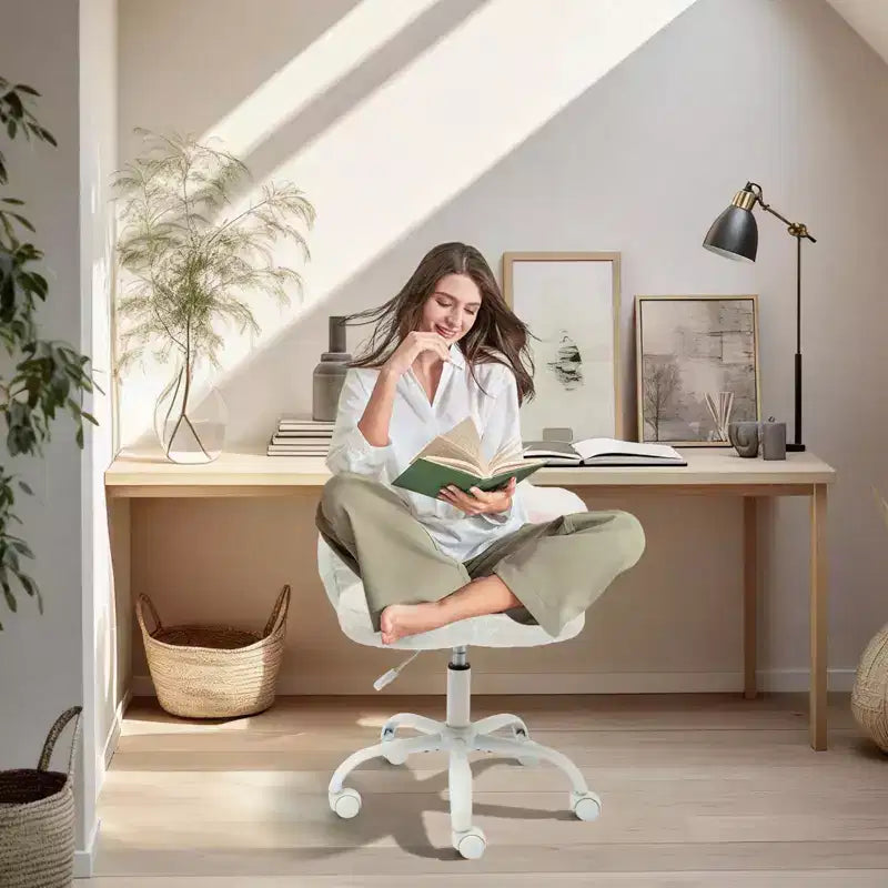 Vanity Chair with Cat Back, Height Adjustable Swivel Chair, Cute Teddy Fabric Rolling Desk Chair for Bedroom Office