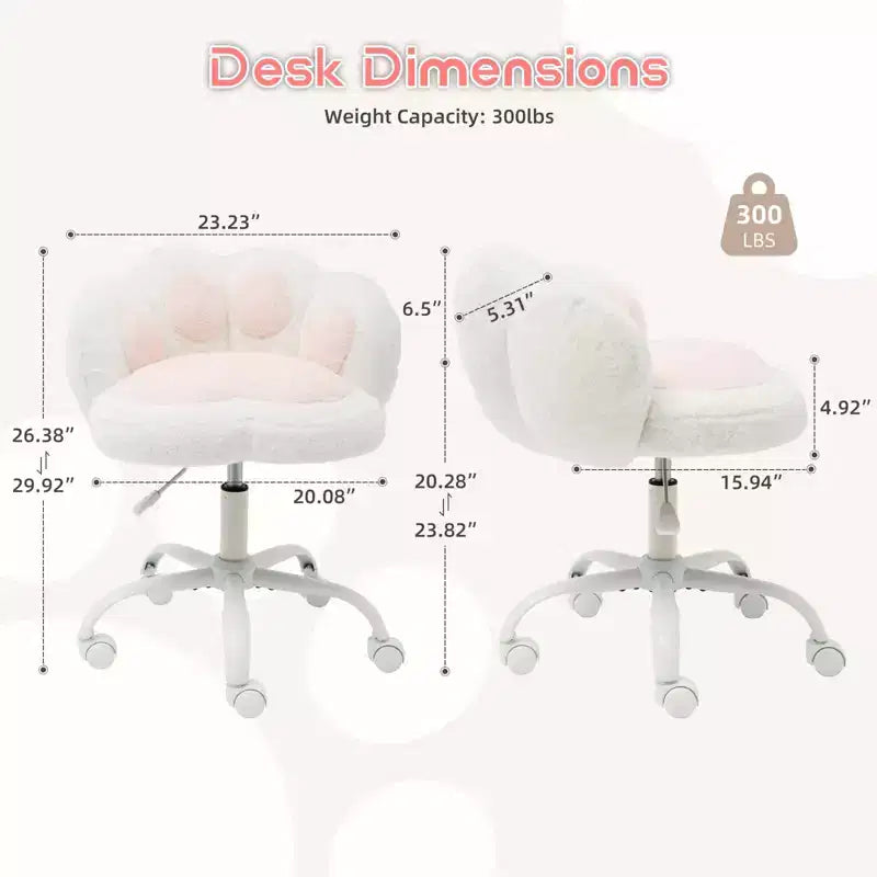 Vanity Chair with Cat Back, Height Adjustable Swivel Chair, Cute Teddy Fabric Rolling Desk Chair for Bedroom Office