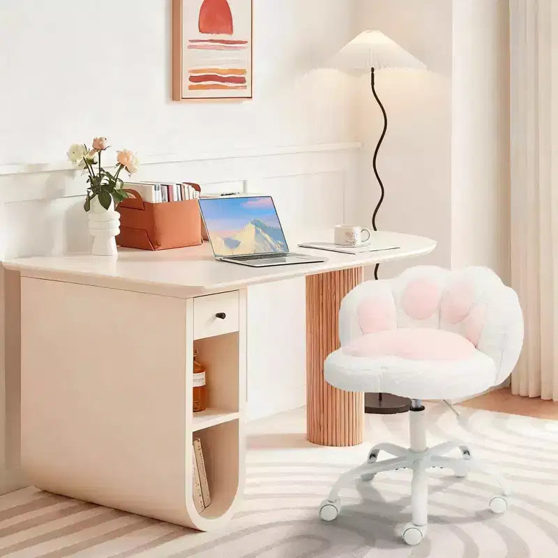 Vanity Chair with Cat Back, Height Adjustable Swivel Chair, Cute Teddy Fabric Rolling Desk Chair for Bedroom Office