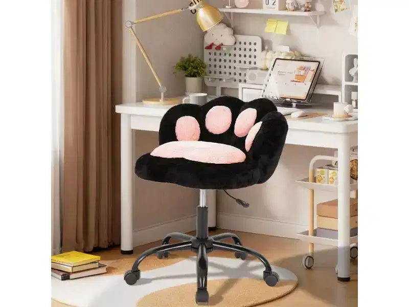 Vanity Chair with Cat Back, Height Adjustable Swivel Chair, Cute Teddy Fabric Rolling Desk Chair for Bedroom Office