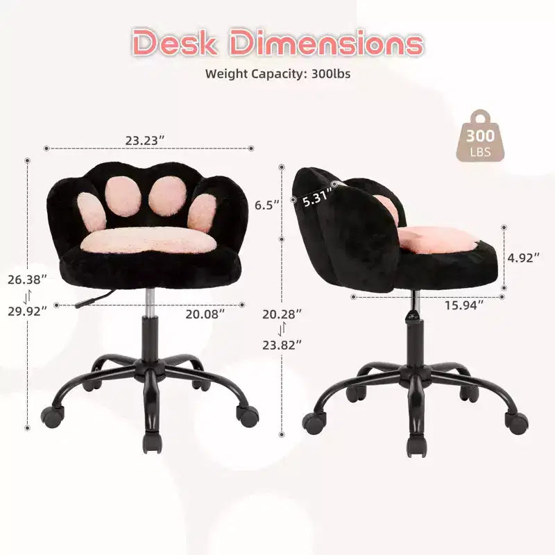 Vanity Chair with Cat Back, Height Adjustable Swivel Chair, Cute Teddy Fabric Rolling Desk Chair for Bedroom Office