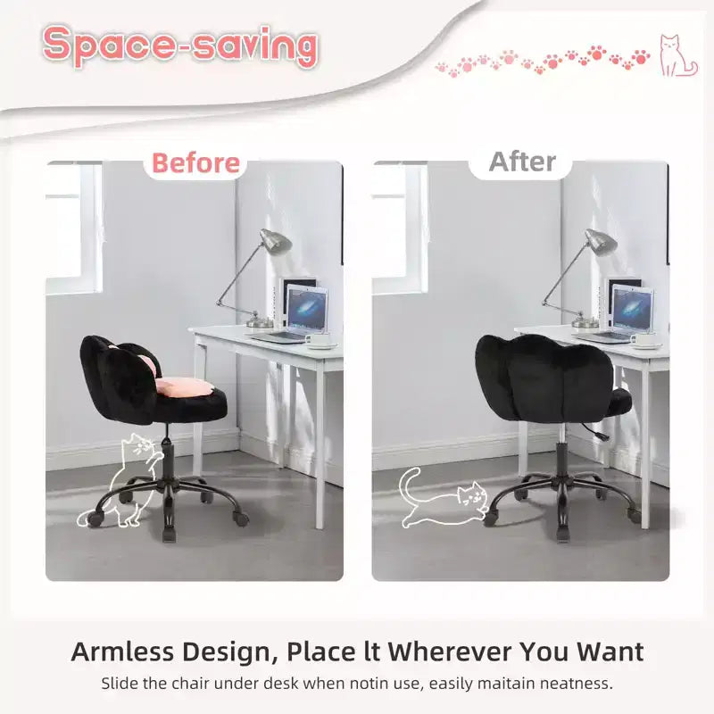 Vanity Chair with Cat Back, Height Adjustable Swivel Chair, Cute Teddy Fabric Rolling Desk Chair for Bedroom Office