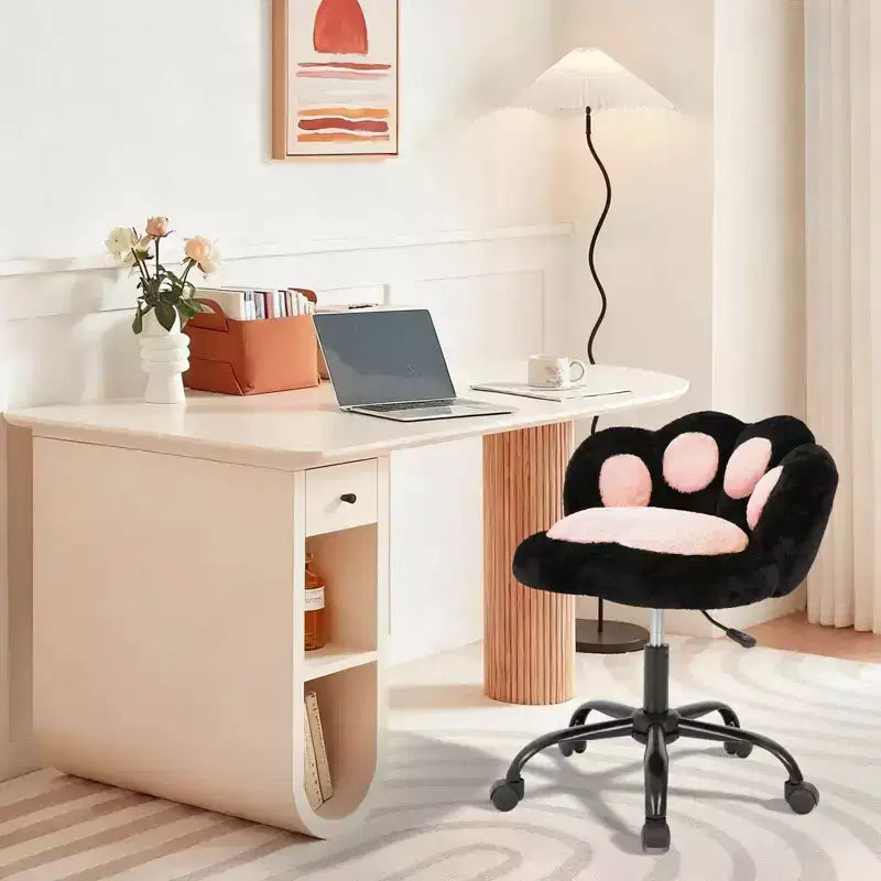 Vanity Chair with Cat Back, Height Adjustable Swivel Chair, Cute Teddy Fabric Rolling Desk Chair for Bedroom Office
