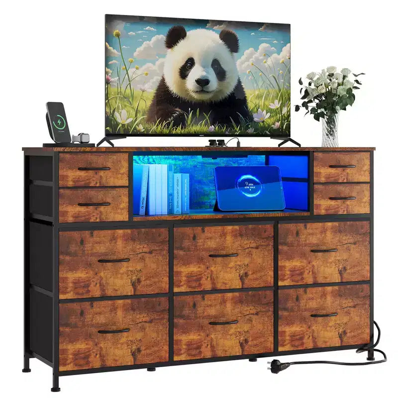10-Drawer Dresser TV Stand, LED Light Strip & Power Outlets, Fabric Drawer Chest with Wood Top, Entertainment Center for 55 Inch TV, Storage Dresser