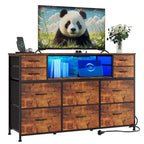 10-Drawer Dresser TV Stand, LED Light Strip & Power Outlets, Fabric Drawer Chest with Wood Top, Entertainment Center for 55 Inch TV, Storage Dresser