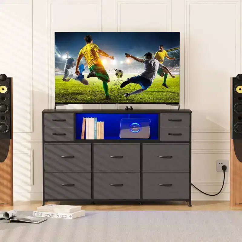 10-Drawer Dresser TV Stand, LED Light Strip & Power Outlets, Fabric Drawer Chest with Wood Top, Entertainment Center for 55 Inch TV, Storage Dresser