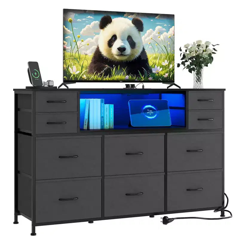10-Drawer Dresser TV Stand, LED Light Strip & Power Outlets, Fabric Drawer Chest with Wood Top, Entertainment Center for 55 Inch TV, Storage Dresser
