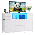 10-Drawer Dresser TV Stand, LED Light Strip & Power Outlets, Fabric Drawer Chest with Wood Top, Entertainment Center for 55 Inch TV, Storage Dresser