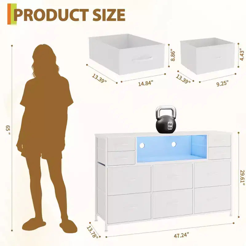 10-Drawer Dresser TV Stand, LED Light Strip & Power Outlets, Fabric Drawer Chest with Wood Top, Entertainment Center for 55 Inch TV, Storage Dresser