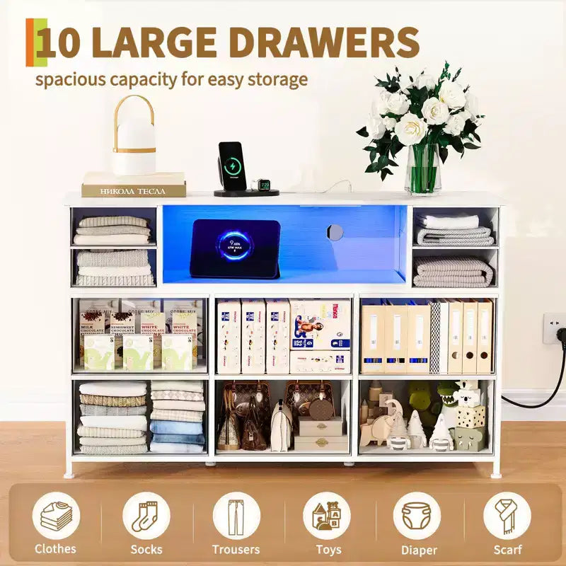 10-Drawer Dresser TV Stand, LED Light Strip & Power Outlets, Fabric Drawer Chest with Wood Top, Entertainment Center for 55 Inch TV, Storage Dresser