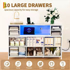 10-Drawer Dresser TV Stand, LED Light Strip & Power Outlets, Fabric Drawer Chest with Wood Top, Entertainment Center for 55 Inch TV, Storage Dresser