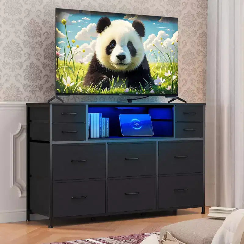 10-Drawer Dresser TV Stand, LED Light Strip & Power Outlets, Fabric Drawer Chest with Wood Top, Entertainment Center for 55 Inch TV, Storage Dresser
