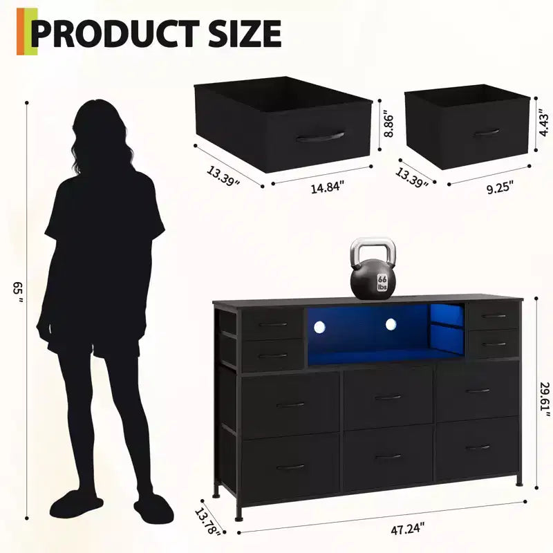 10-Drawer Dresser TV Stand, LED Light Strip & Power Outlets, Fabric Drawer Chest with Wood Top, Entertainment Center for 55 Inch TV, Storage Dresser