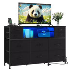 10-Drawer Dresser TV Stand, LED Light Strip & Power Outlets, Fabric Drawer Chest with Wood Top, Entertainment Center for 55 Inch TV, Storage Dresser