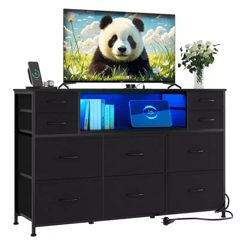 10-Drawer Dresser TV Stand, LED Light Strip & Power Outlets, Fabric Drawer Chest with Wood Top, Entertainment Center for 55 Inch TV, Storage Dresser