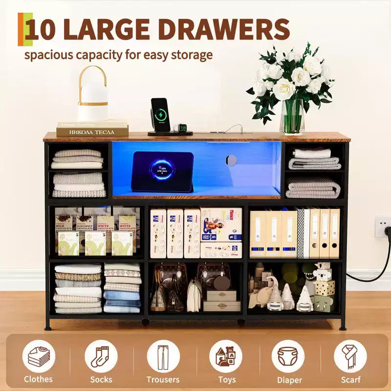 10-Drawer Dresser TV Stand, LED Light Strip & Power Outlets, Fabric Drawer Chest with Wood Top, Entertainment Center for 55 Inch TV, Storage Dresser