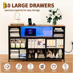 10-Drawer Dresser TV Stand, LED Light Strip & Power Outlets, Fabric Drawer Chest with Wood Top, Entertainment Center for 55 Inch TV, Storage Dresser