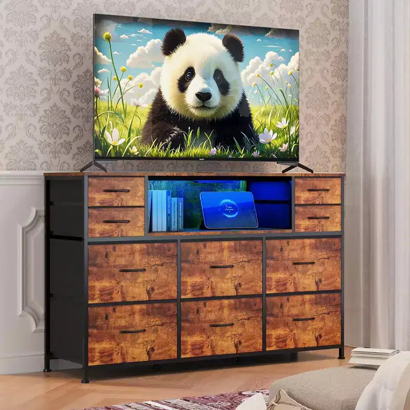 10-Drawer Dresser TV Stand, LED Light Strip & Power Outlets, Fabric Drawer Chest with Wood Top, Entertainment Center for 55 Inch TV, Storage Dresser