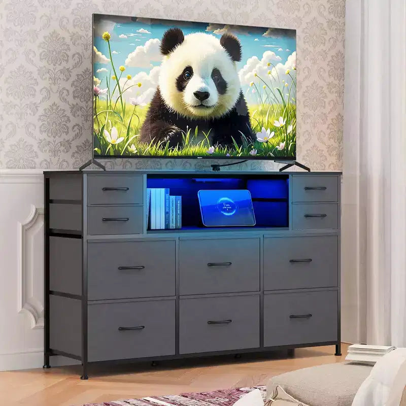10-Drawer Dresser TV Stand, LED Light Strip & Power Outlets, Fabric Drawer Chest with Wood Top, Entertainment Center for 55 Inch TV, Storage Dresser