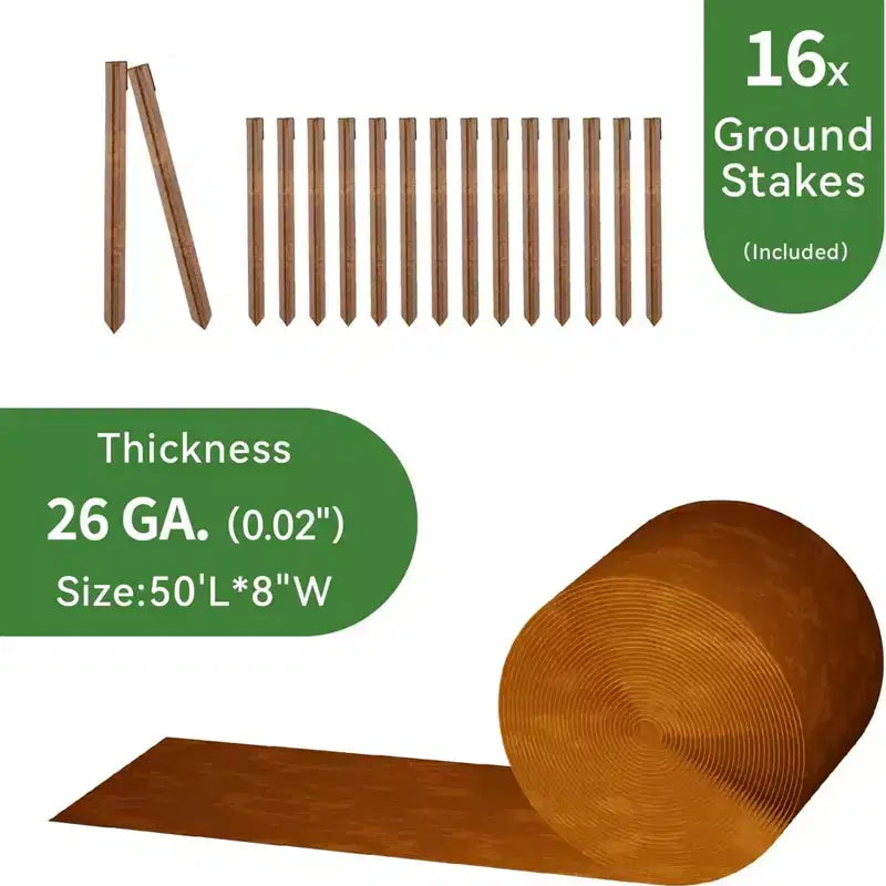 Worth Galvanized Steel Landscape Edging Roll with 16 Stakes, 8 x 50', Rust