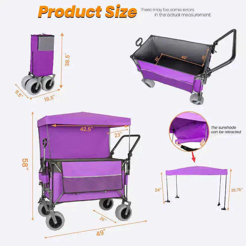 Multi-Functional Push-Pull Wagon with Canopy & 9x4 Beach Tires, Rotating Handle, 480 lbs 300L Capacity