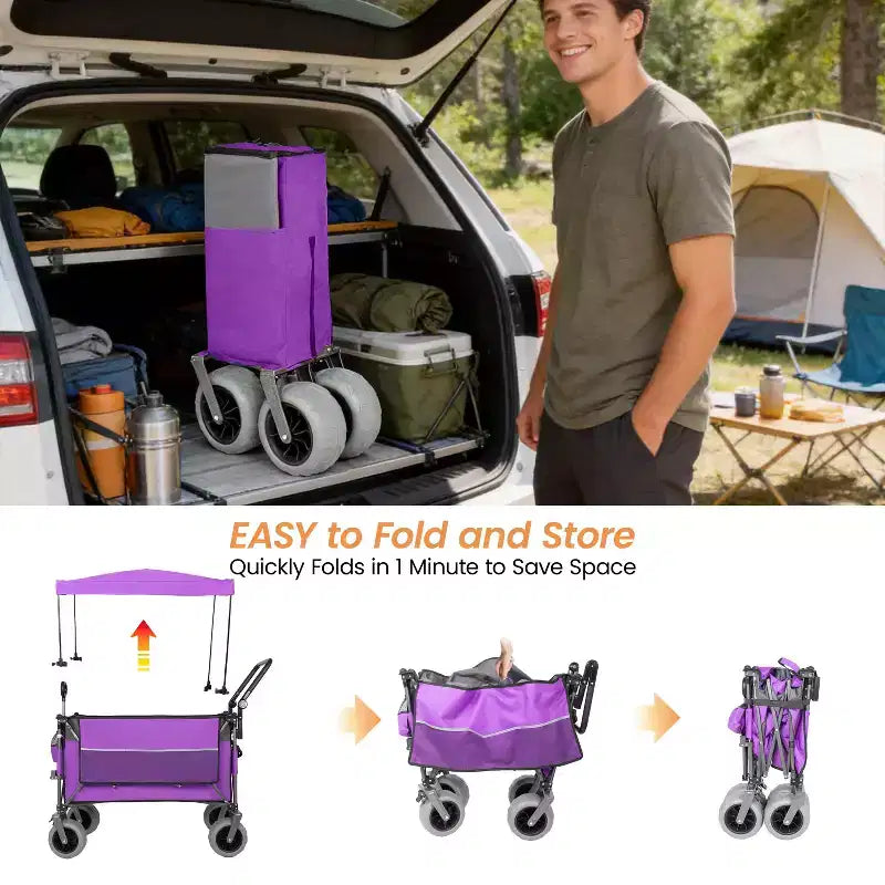 Multi-Functional Push-Pull Wagon with Canopy & 9x4 Beach Tires, Rotating Handle, 480 lbs 300L Capacity