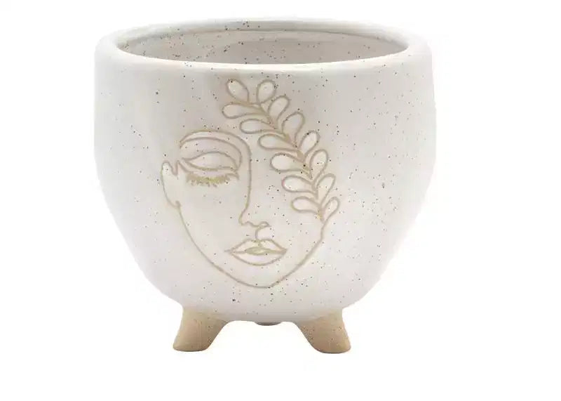 Napco Embossed Face Ivory 3.5 x 4 Ceramic Footed Planter Pot