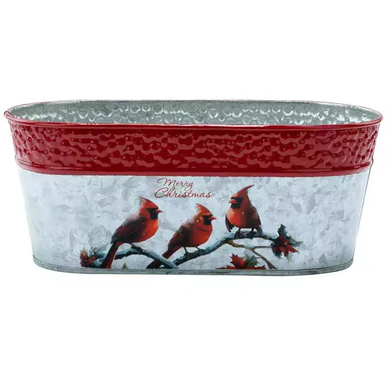 Napco Rustic Metal Merry Christmas Cardinals Double Planter with Indented Red Rim Festive Christmas & Holiday Decor