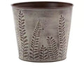 Napco Imports Fern Leaf Embossed 6 x 7 Inch Distressed Brown Metal Cache Plant Pot Cover with Removable Hard Plastic Liner