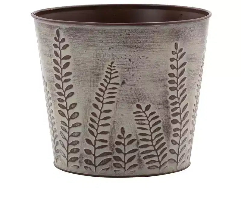 Napco Imports Fern Leaf Embossed 6 x 7 Inch Distressed Brown Metal Cache Plant Pot Cover with Removable Hard Plastic Liner
