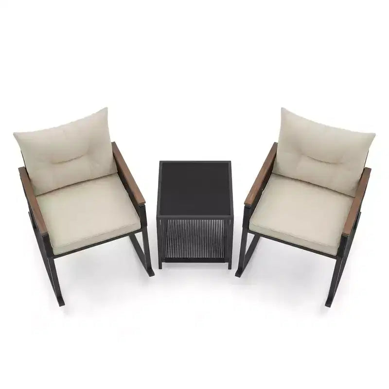 Gymax 3-Piece Outdoor Rocking Bistro Set w/ 2-Tier Tempered Glass Coffee Table & Cushions for Patio & Garden