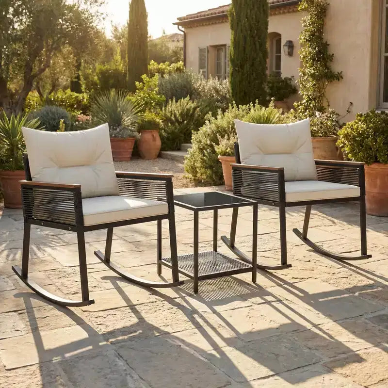 Gymax 3-Piece Outdoor Rocking Bistro Set w/ 2-Tier Tempered Glass Coffee Table & Cushions for Patio & Garden